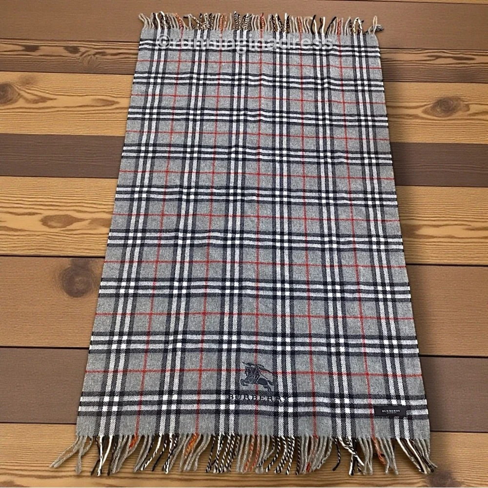 Vintage Burberry Nova Check Blanket Scarf Equestrian Knight Logo Grey Navy Blue